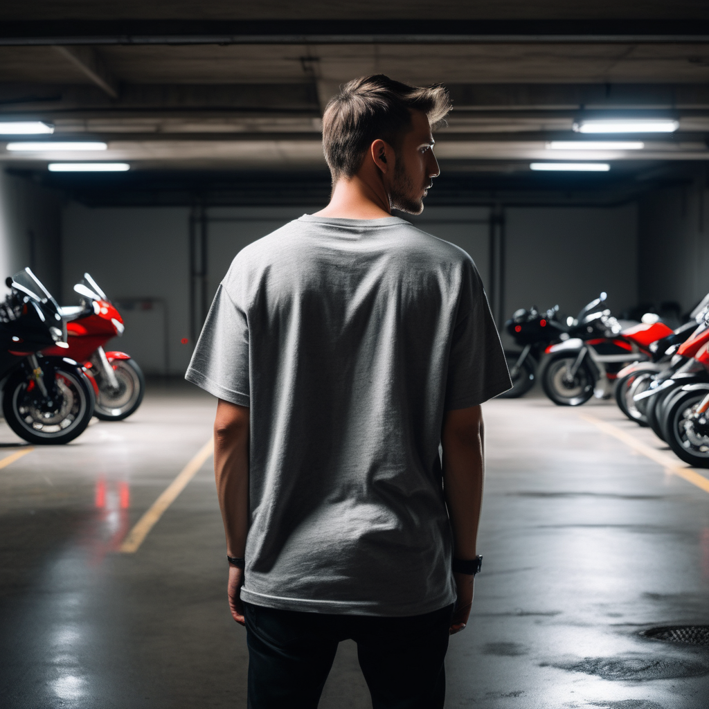 guy with an oversized grey PLAIN t-shirt facing away in a dark parking garage with a couple motorcycles and hes standing 5 feet away