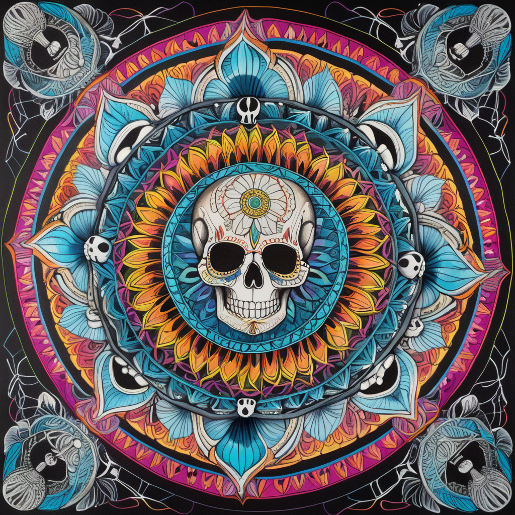 vibrant colors, clear lines, detailed, symmetrical mandala made of skulls