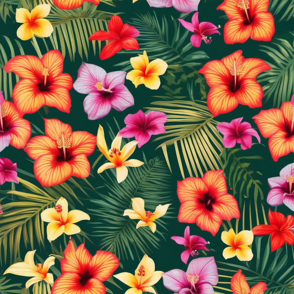 a spread out pattern of several tiny brightly colored exotic flowers and foliage found in tropical areas, such as hibiscus, palm leaves, and orchids, small sizes and shapes
