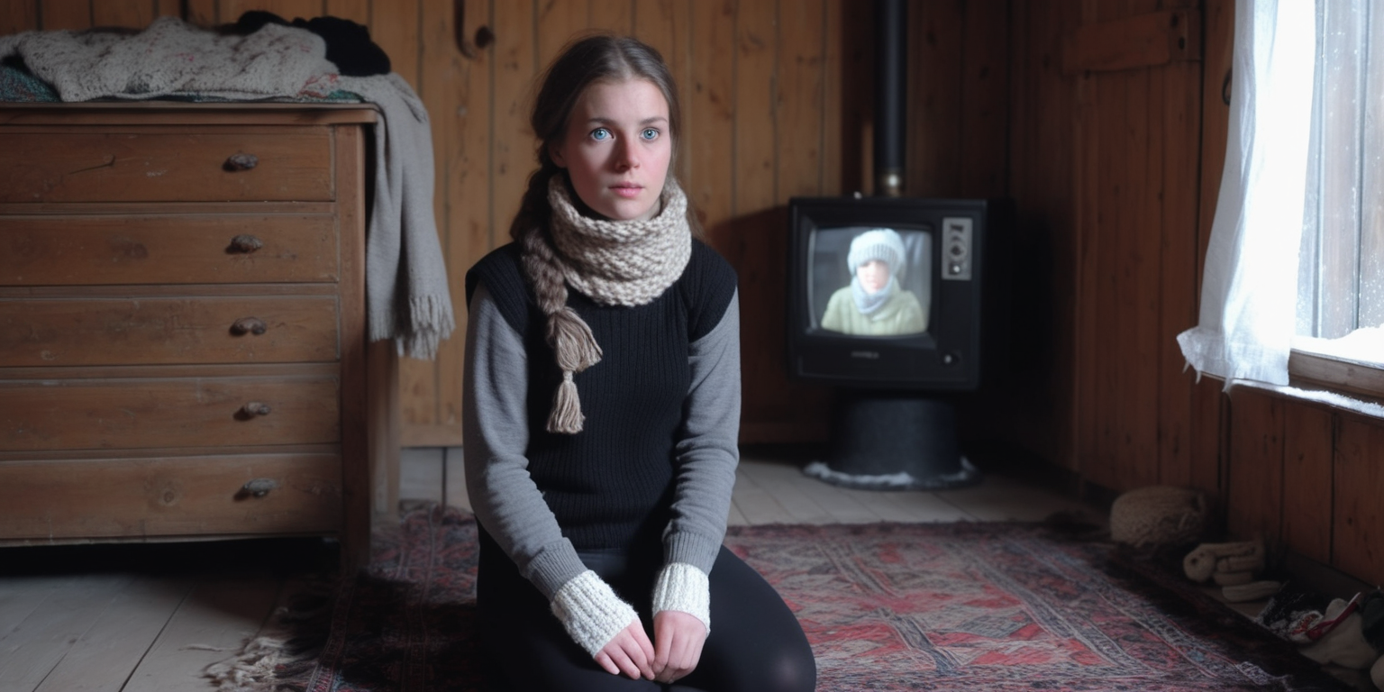 Village 30 years old women. Long ponytile tied hair, green eyes. She is dressed very thick in a country style - with thick hand knitted gray and brown woolen socks. She wears black tight black thermo leggings. She wearing brown sweater with a high collar . She is wearing a white sleeveless sweater over it. She has a scarf wrapped around her neck. A thick knitted hat on the head. Knitting alone on the floor in the old and wooden house. Around her is an old sofa covered with a rug. There is a black and red traditional rug on the ground. Her bed is behind her - an old one with a spring and a metal frame. A television with a kinescope looks out from an old wooden cabinet. The windows of the house are frosted over - you can see a lot of snow outside. It's night.
