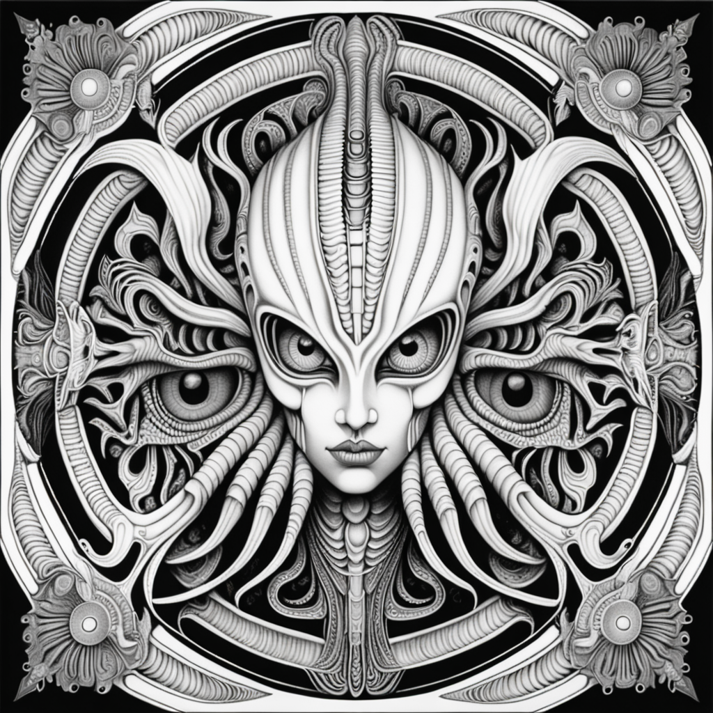 black & white, coloring page, high details, symmetrical mandala, strong lines, vagina with many eyes in style of H.R Giger