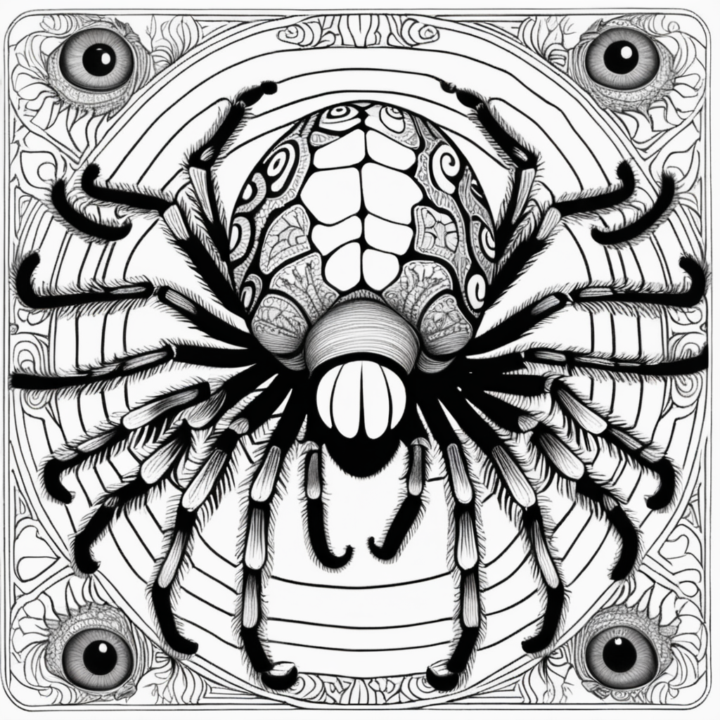 adult coloring book, black & white, clear lines, detailed, symmetrical sick rotting eyeball tarantula