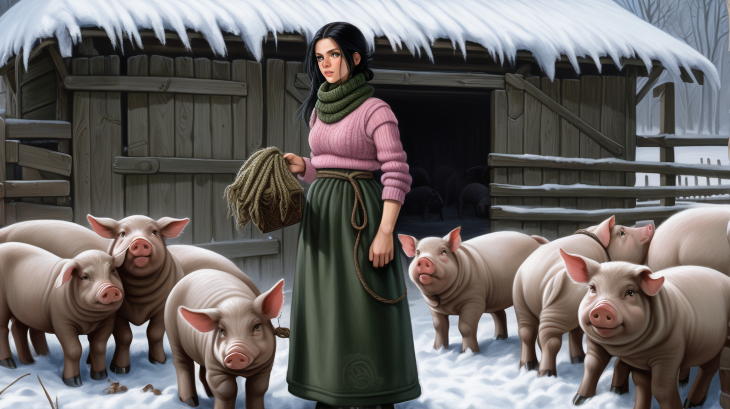 A beautiful peasant woman with long black hair and green eyes works in the pen in front of the barn. Around her are piglets - small and pink. Everything is in mud. The barn is surrounded by a fence of old wooden posts and wire mesh. It's winter, everything is covered with a thick layer of snow. Mud and snow mix. The peasant woman wearing short rubber working black boots. Brown coarsely knitted woolen socks stick out from them - up to the middle of the leg and. On top of them, to keep her warm, she has put on green - brown, very wrinkled and crumpled woolen knitted gaiters. It is worn with thick elastic leggings, over it there is a short knitted skirt in black and brown. A chunky brown-gray wool sweater with a chin-high collar is snug around her. over it she wore an off-white furry sleeveless sweater with a triangle neckline. Above all this is a open short  quilted waistcoat in green. On his head he wears a thick knitted woolen gray hat . He also has a thick scarf sloppily draped around his neck. He also wears gray knitted woolen gloves. across the waist, a thin hemp rope is wrapped 6-7 times and tied with knot.