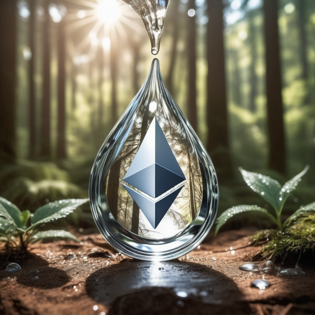 drop of water with silver ethereum coin in