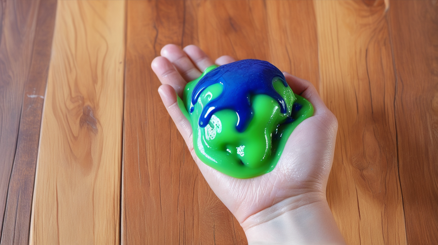 image hand holding a green and blue shiny slime on wood floor