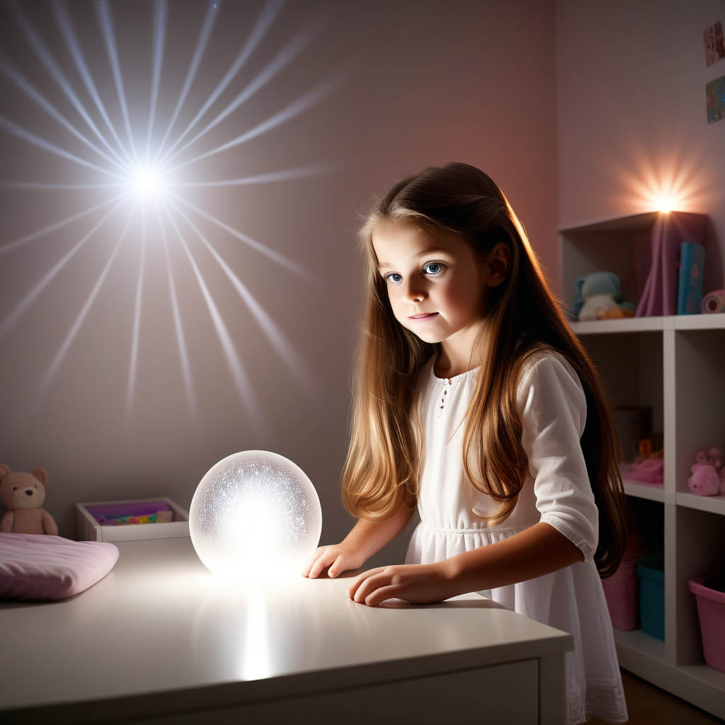 little 7 years old girl with long brown hair , using white light magic to fill her room for safety



