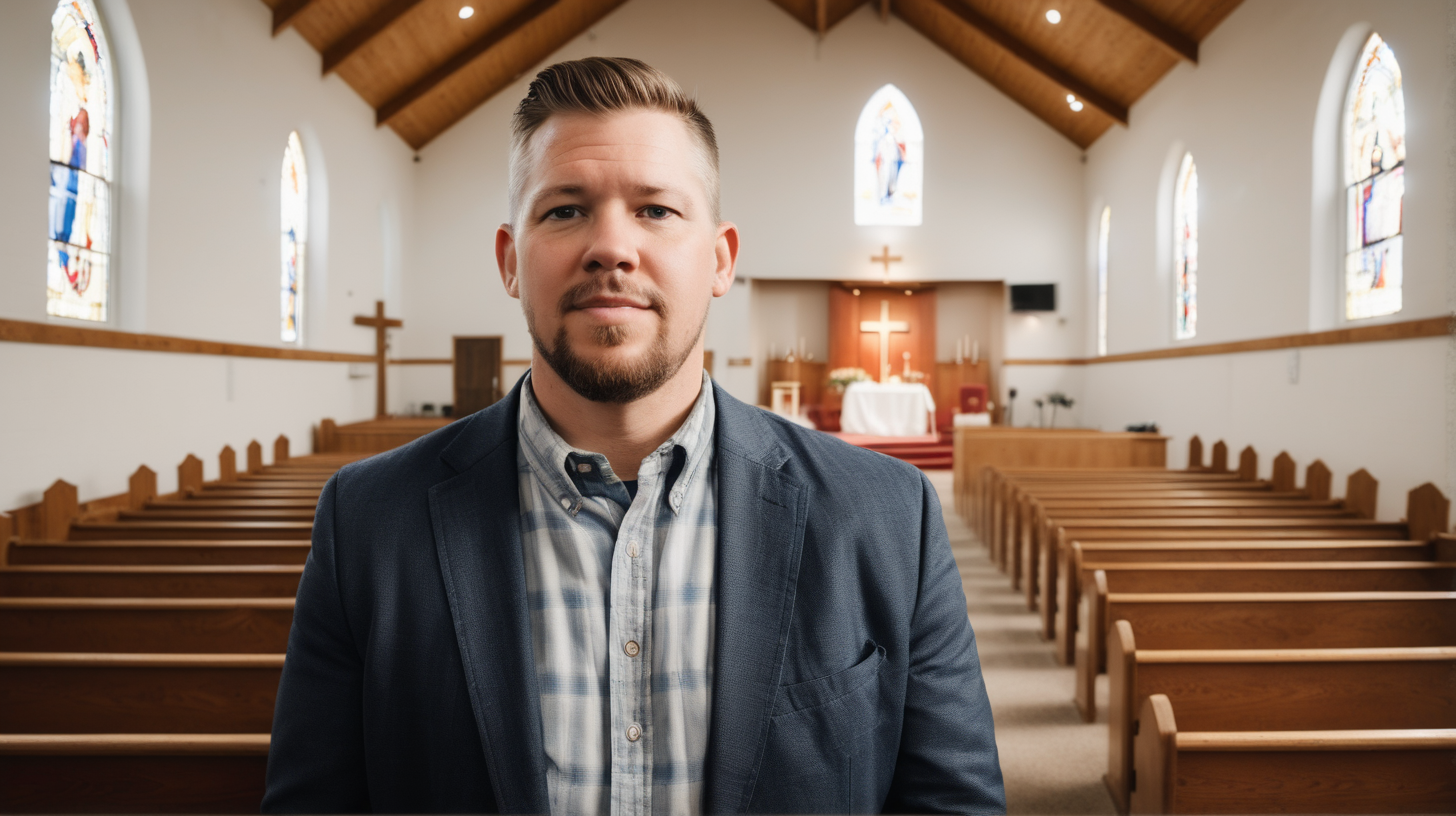country pastor, white male, standing inside church