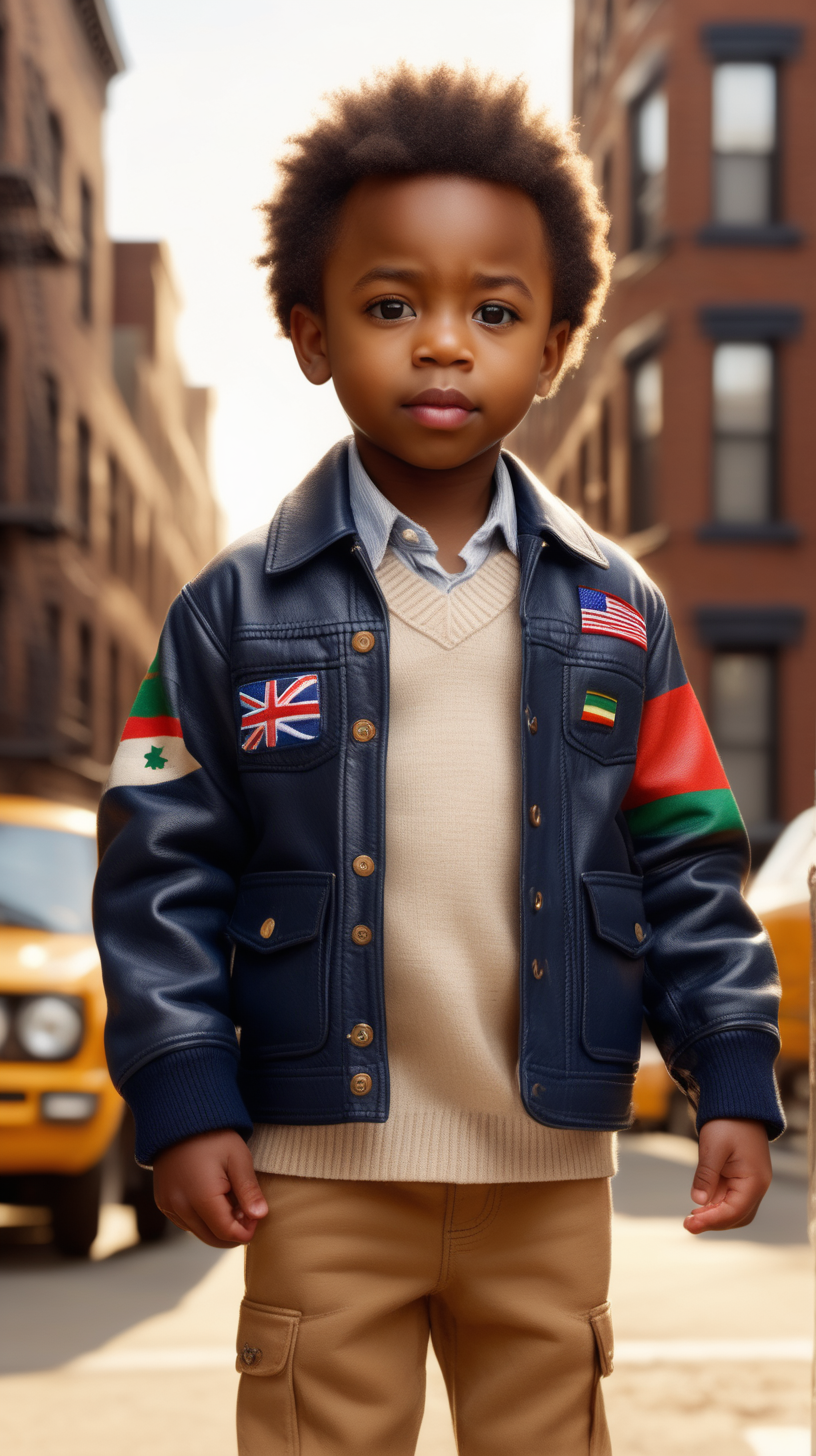 A cute, young little black boy , wearing a Navy, leather safari jacket, with one African flag patch on the center back, Beige V Neck sweater, wearing Brown corduroys, standing in Brooklyn, holding a small, toy race car, 4k, realism, high definition clarity, brilliant early morning sunshine background