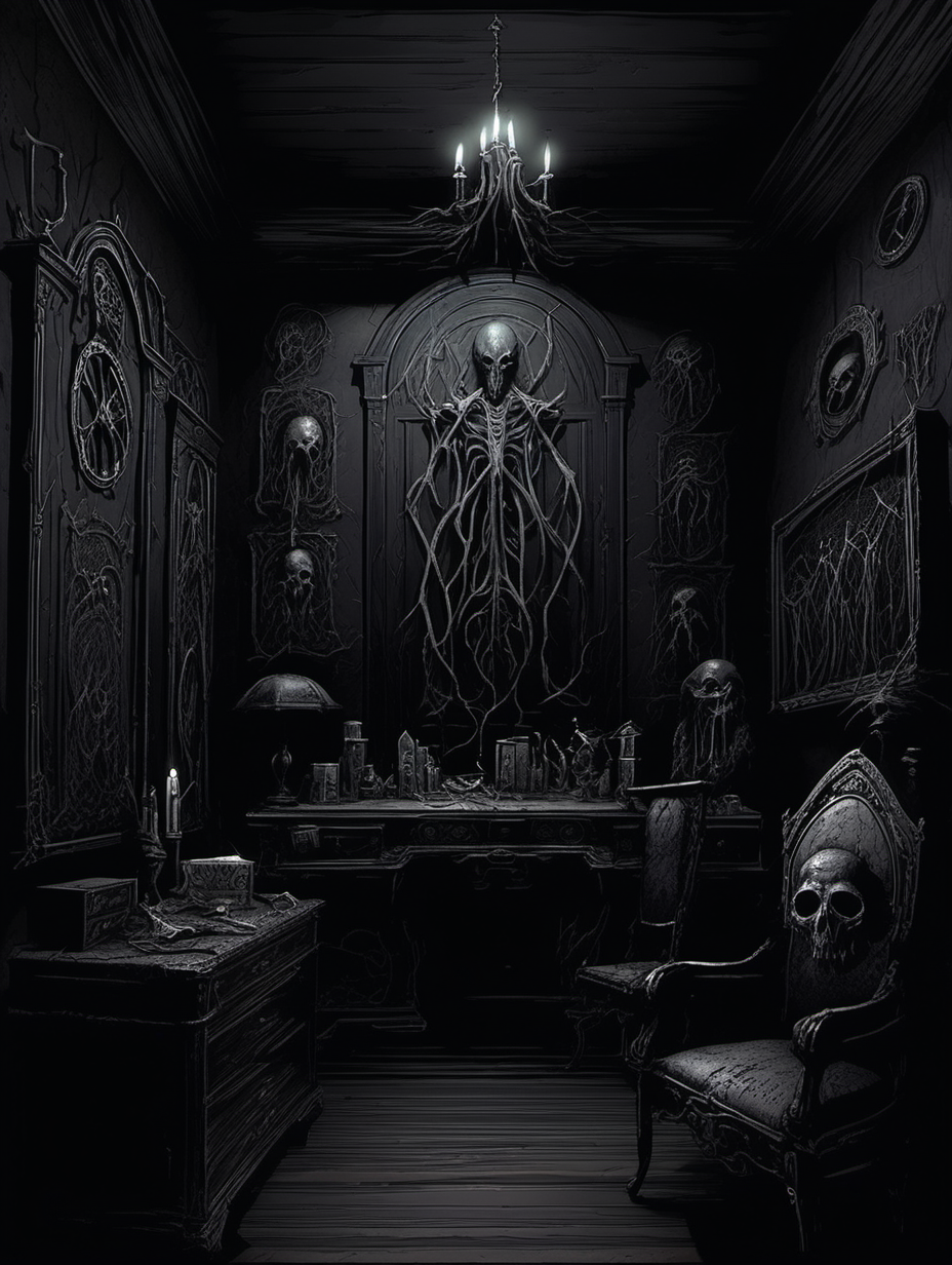 Dark eldritch room, really dark with gothic horror and lovecraftian tones