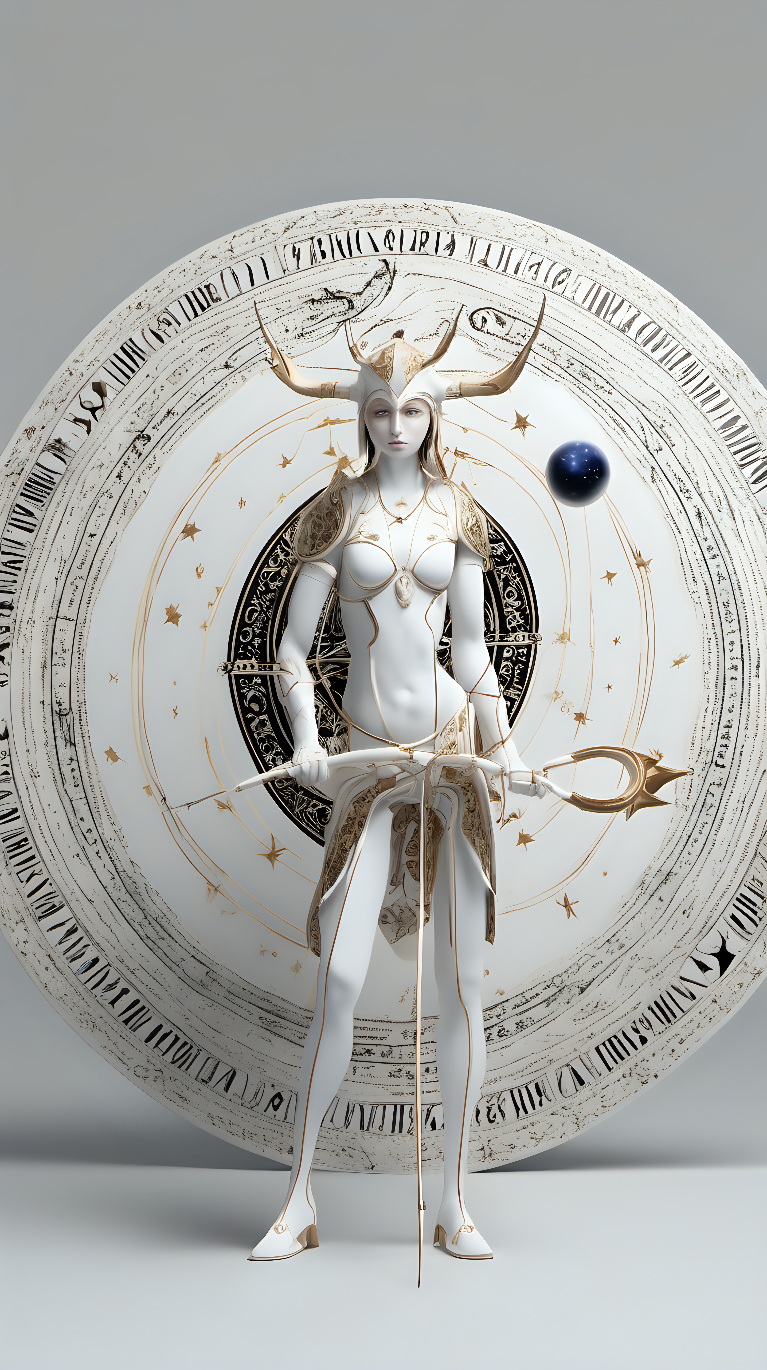 Astrological circle, sagittarius archer 3d porcelain render in the middle of the circle, porcelain eyes