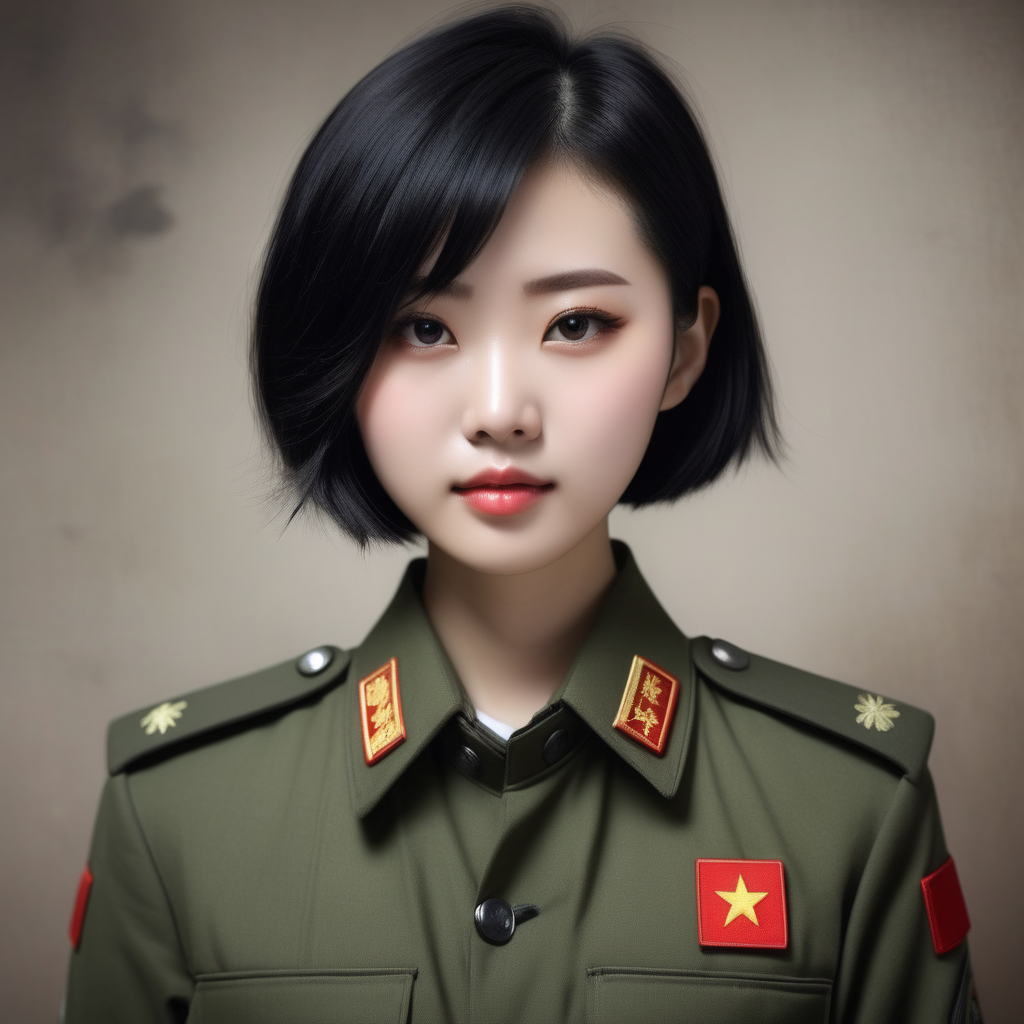A Chinese female soldierBlack hairShort hairYoung personLarger breasts