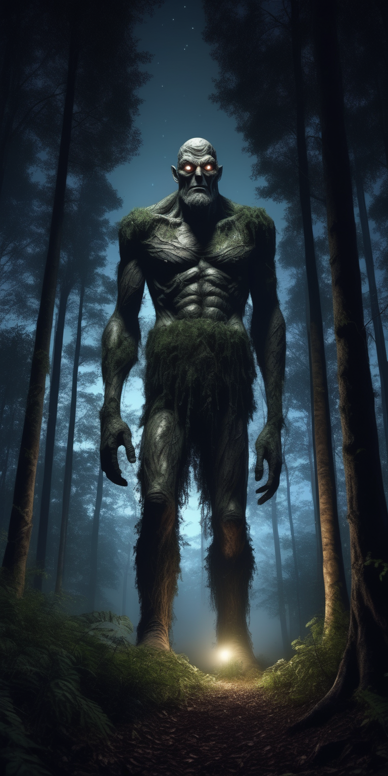 realistic giant in the forest at night with One eye