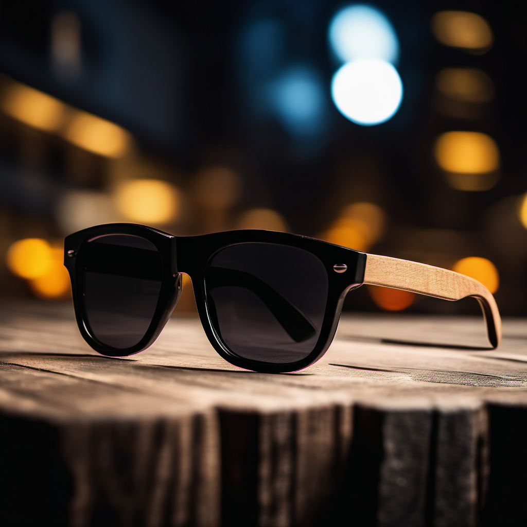 mock-up image of black sunglasses with wooden frame. shot from side angle. dark night urban background. 