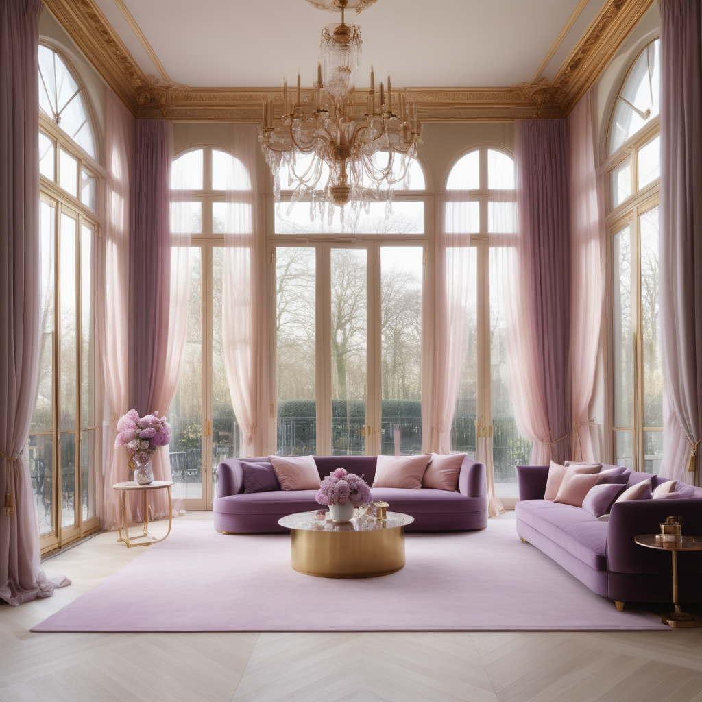 hyperrealistic image of large modern Parisian conservatory, floor to ceiling windows, beige, pink, lilac and brass colour palette, brass chandelier, sheer curtains