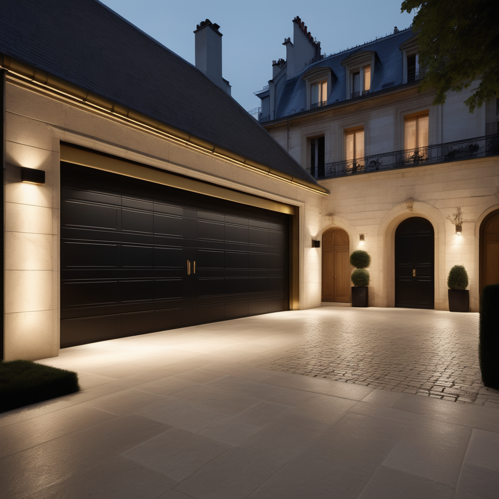 hyperrealistic modern Parisian garage at night mood lighting