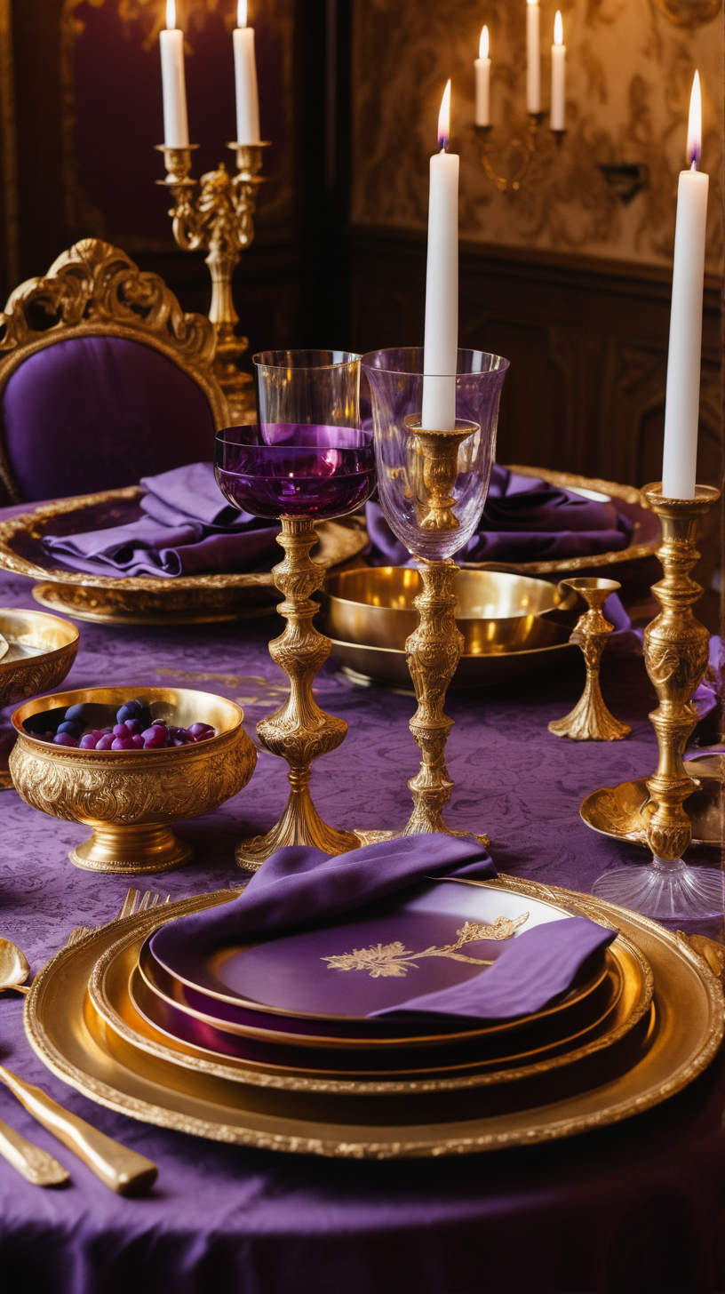 Purple tablecloth, old table, golden fancy place setting, golden serving dish, wine glasses, golden candlesticks, white candles, fancy, rich, luxe, purple