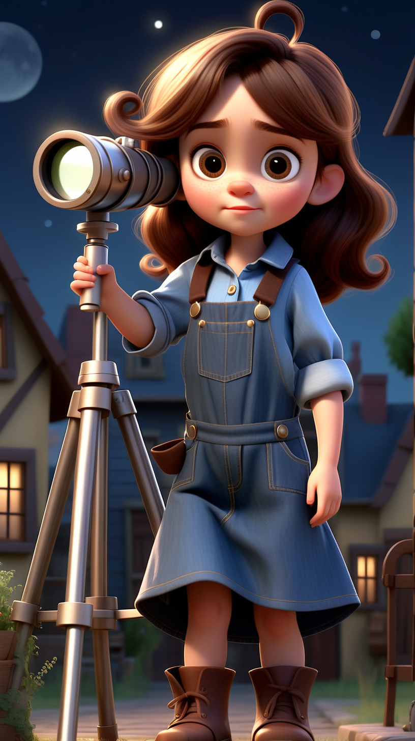 imagine 4 year old small girl with brown hair, fair skin, light brown eyes, wearing a denim dress overall, and a blue shirt, use Pixar style animation, make it full body size, in a village at night holding a telescope steampunk style, zoom out the image
