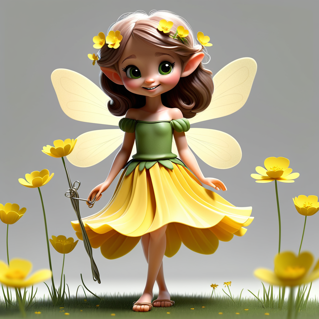  /envision prompt: "Adorable Fairy with Buttercup Skirt" - A charming fairy with a skirt made of buttercups, holding a tiny wand, and a gentle smile, set against a pristine white background.