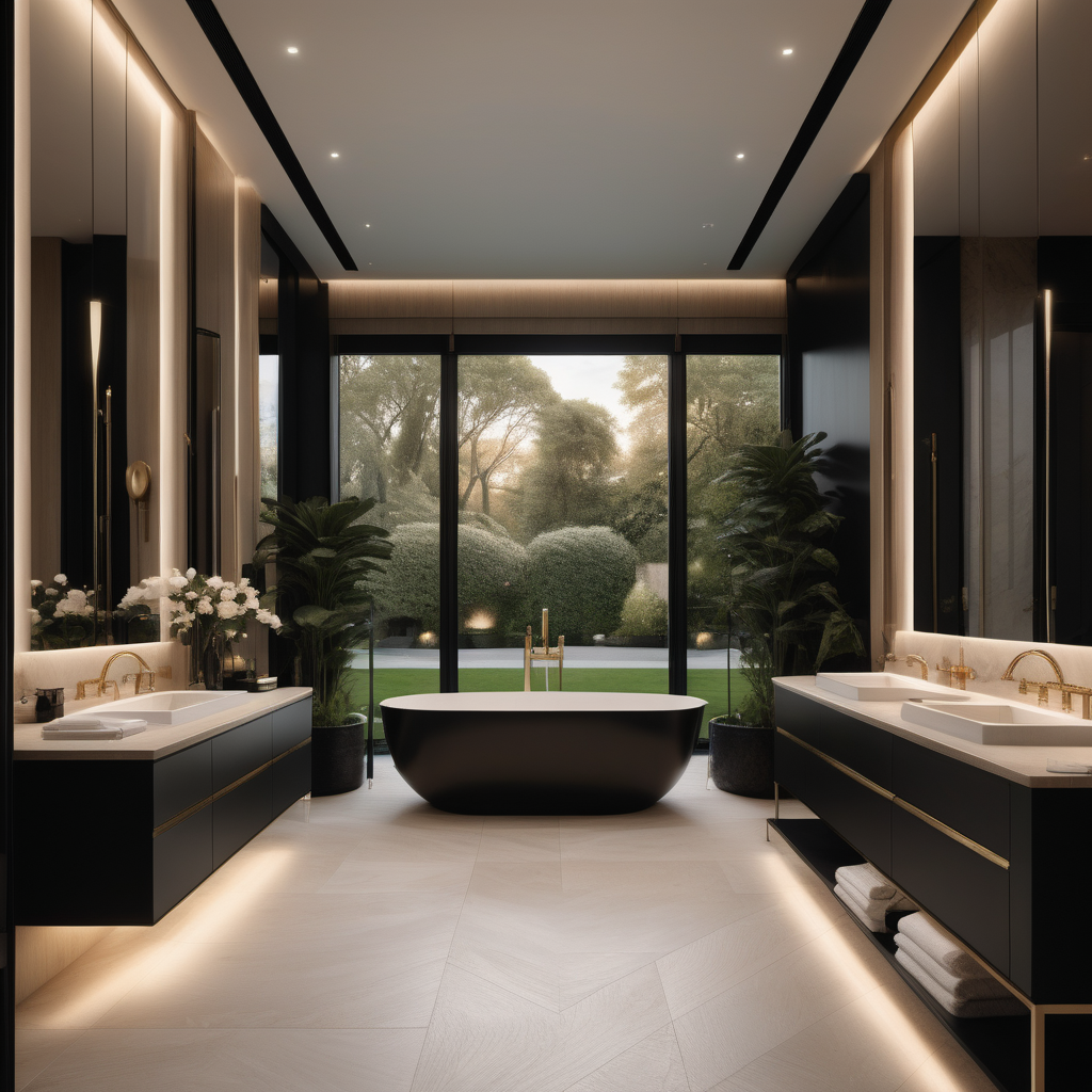 a hyperrealistic of an elegant Modern Parisian estate home master bathroom with mood lighting, with floor to ceiling windows overlooking the lush gardens, in a beige oak brass and black colour palette 
