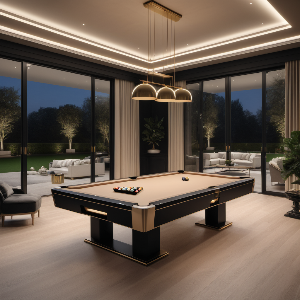 a hyperrealistic of an Modern Parisian estate home pool table room at night with mood lighting, floor to ceiling windows with a view of  the manicured gardens , in a beige oak brass and black colour palette 

