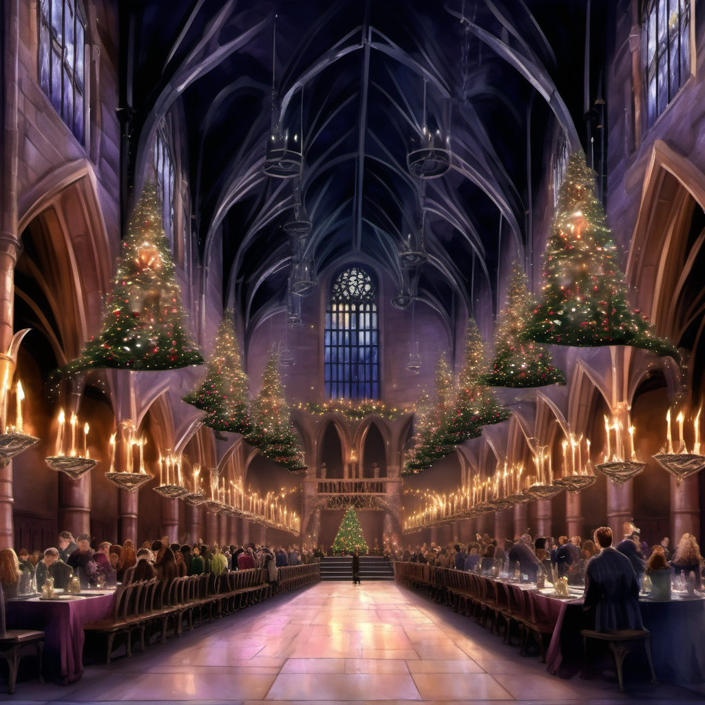 
Hogwarts great hall decorated for yule Ball, intricate, extremely detailed, digital painting, well rendered, matte painting, cinematict lighting, realistic, polished, watercolor, victorian, masterpiece