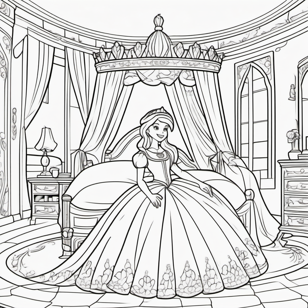 coloring pages for young kids, princess in her royal bedroom inside a castle,cartoon style, thick lines, low detail, no shading  
