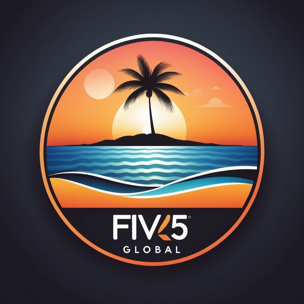 company logo for real estate company.  company name is "five15 global" & should be included as text in the picture.  also should include "sunset, & beach"