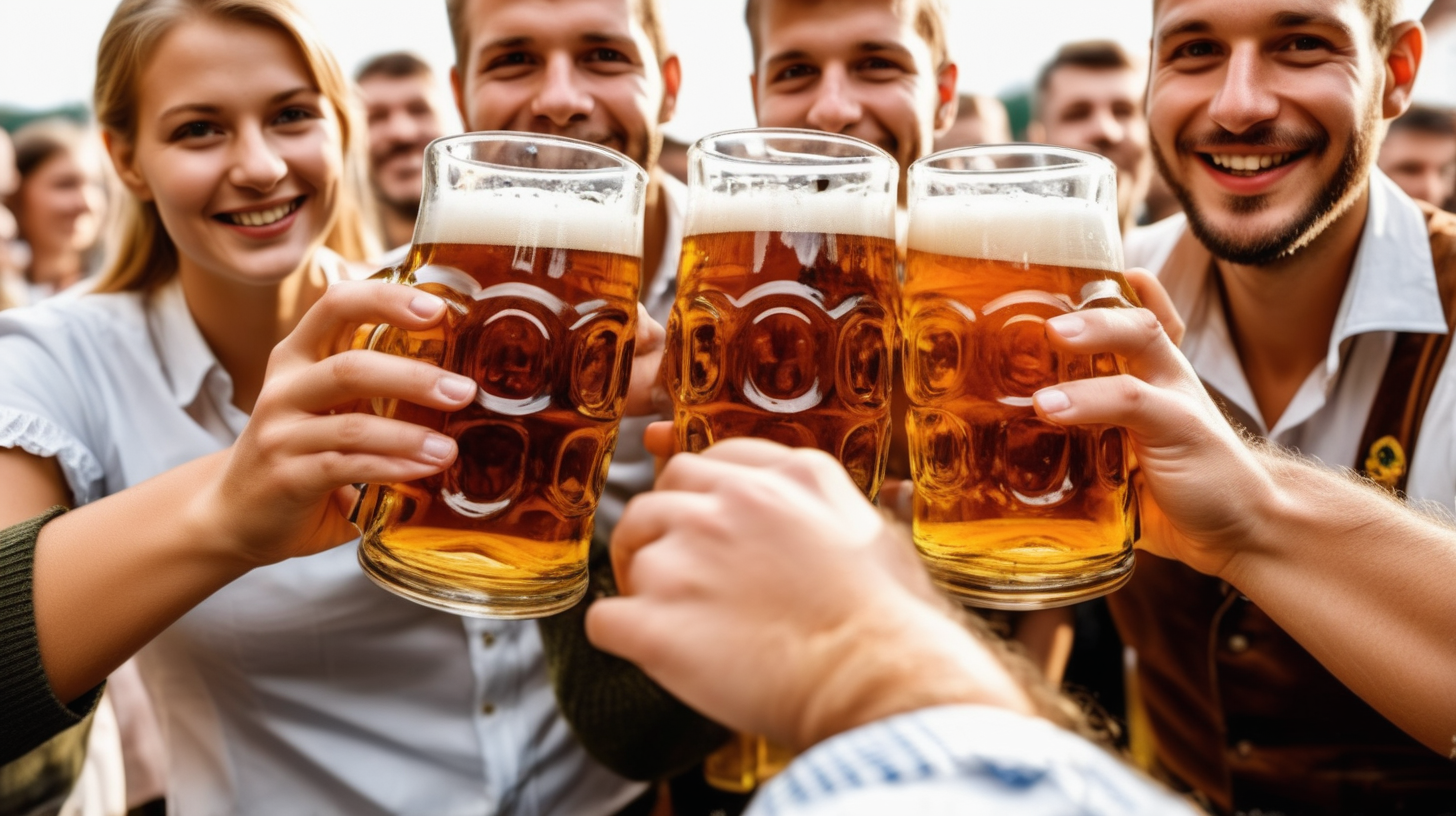 people celebrating Octoberfest in germany 
drinking beer out of glasses without logos 