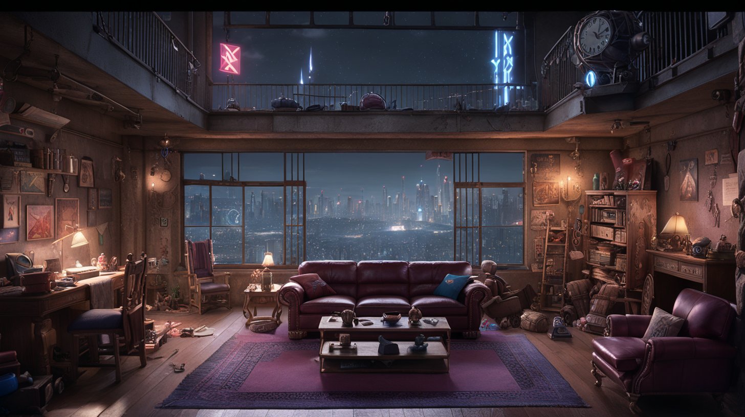 interior location of Arcane movie like VI and Jinx practice scene. Included Items, weapons and toys for jinx. There is a balcony overlooking the Arcane night city. There is a sofa in the middle of the place. The ceiling of the place is high and spacious. There are also heavy weapons and missiles next to the place. The place is considered old and messy, but it is arranged in the Jinx way. The place took a dynamic shape. The place is dirty. the place takes artificial lights.