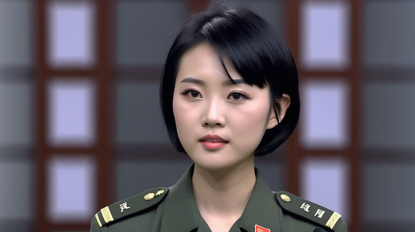 A young Chinese female soldierShort hairBlack hairHosting the