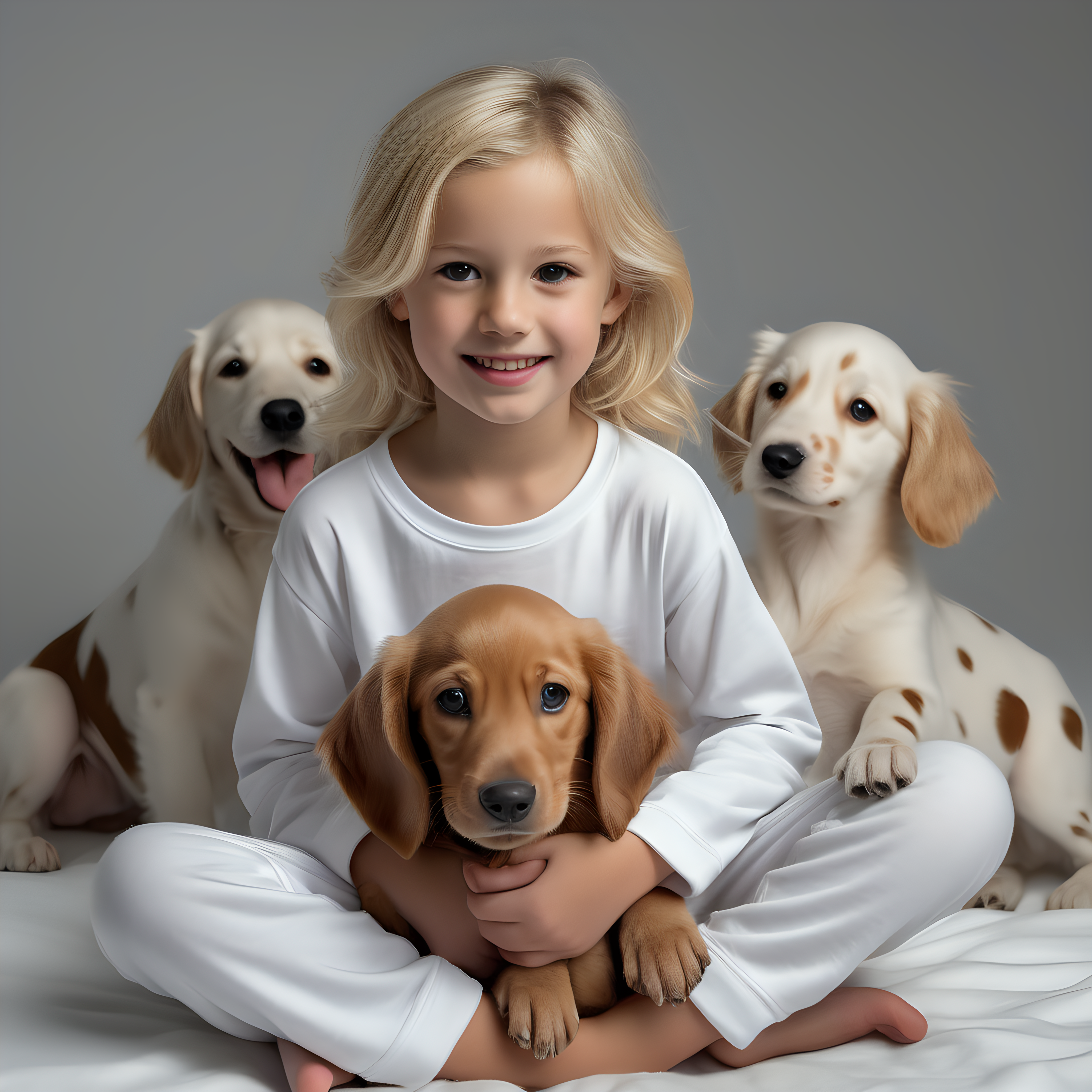 “Perfect Facial Features photo of a blonde 8 year old girl sitting in  white cotton tshirt pyjama with no print, long  tight cuff sleeves, loose long pants) ,surrounded by puppy's (weinerdog, dalmation, boomer, golden retreiver, poodle), no background, hyper realistic, ideal face template, HD, happy, Fujifilm X-T3, 1/1250sec at f/2.8, ISO 160, 84mm”