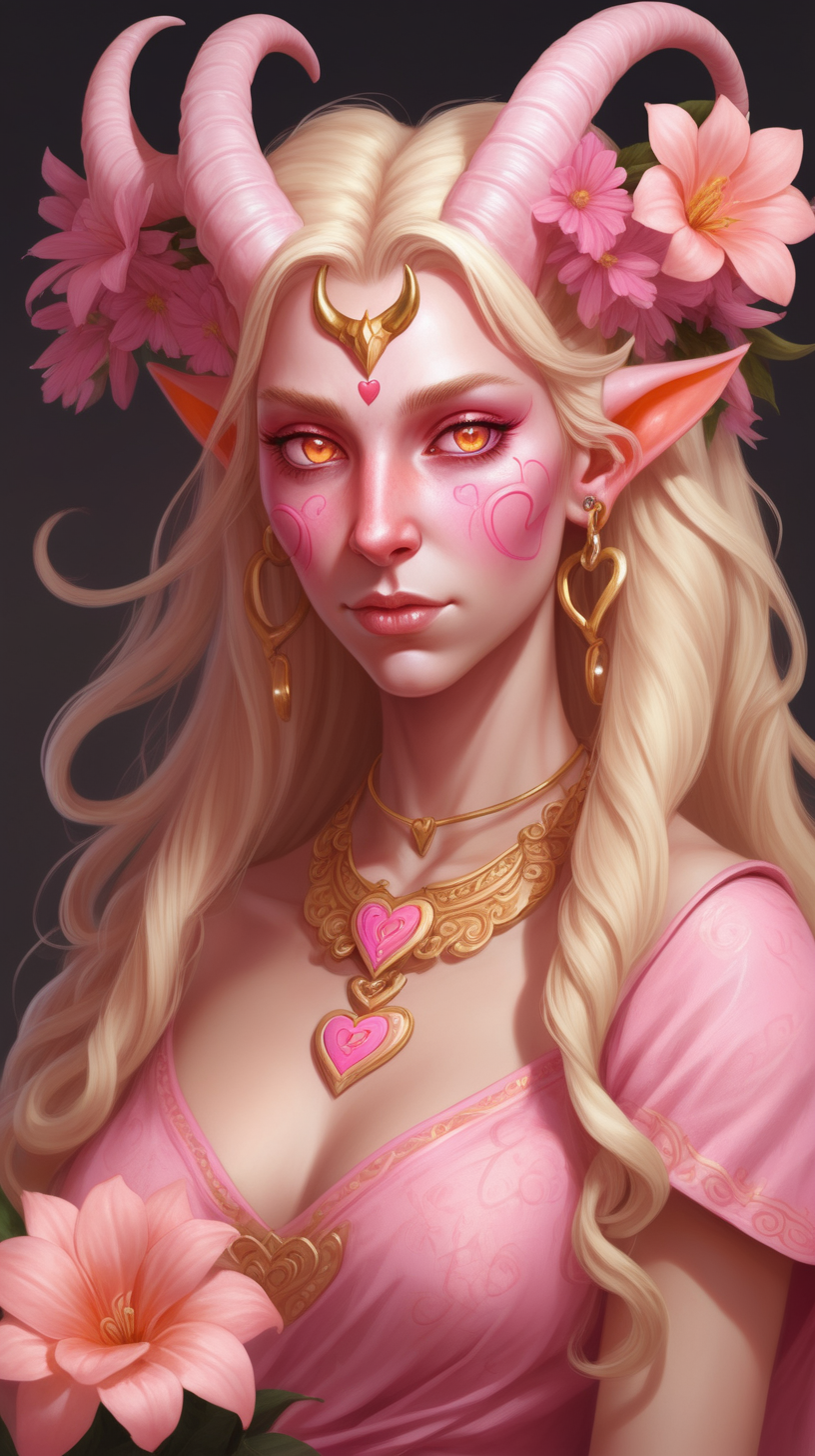 Tiefling woman with pink skin She has white