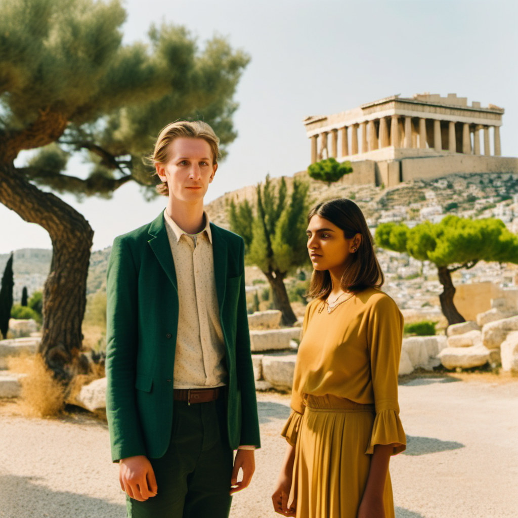 Young German-Indian couple in Athens, Akropolis and olive trees in the background, Wes Anderson cinematic setting