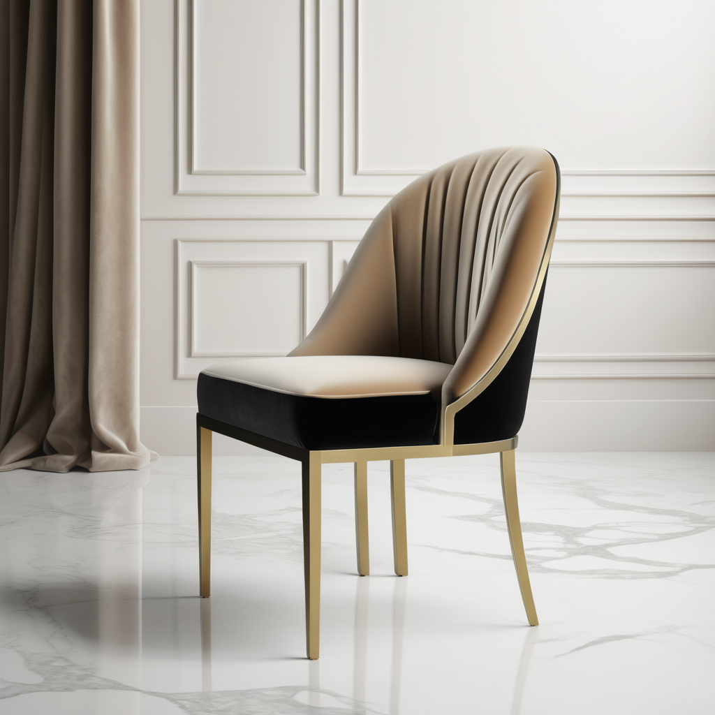 a hyperrealistic image of a velvet modern Parisian  dining chair in beige brass and black
