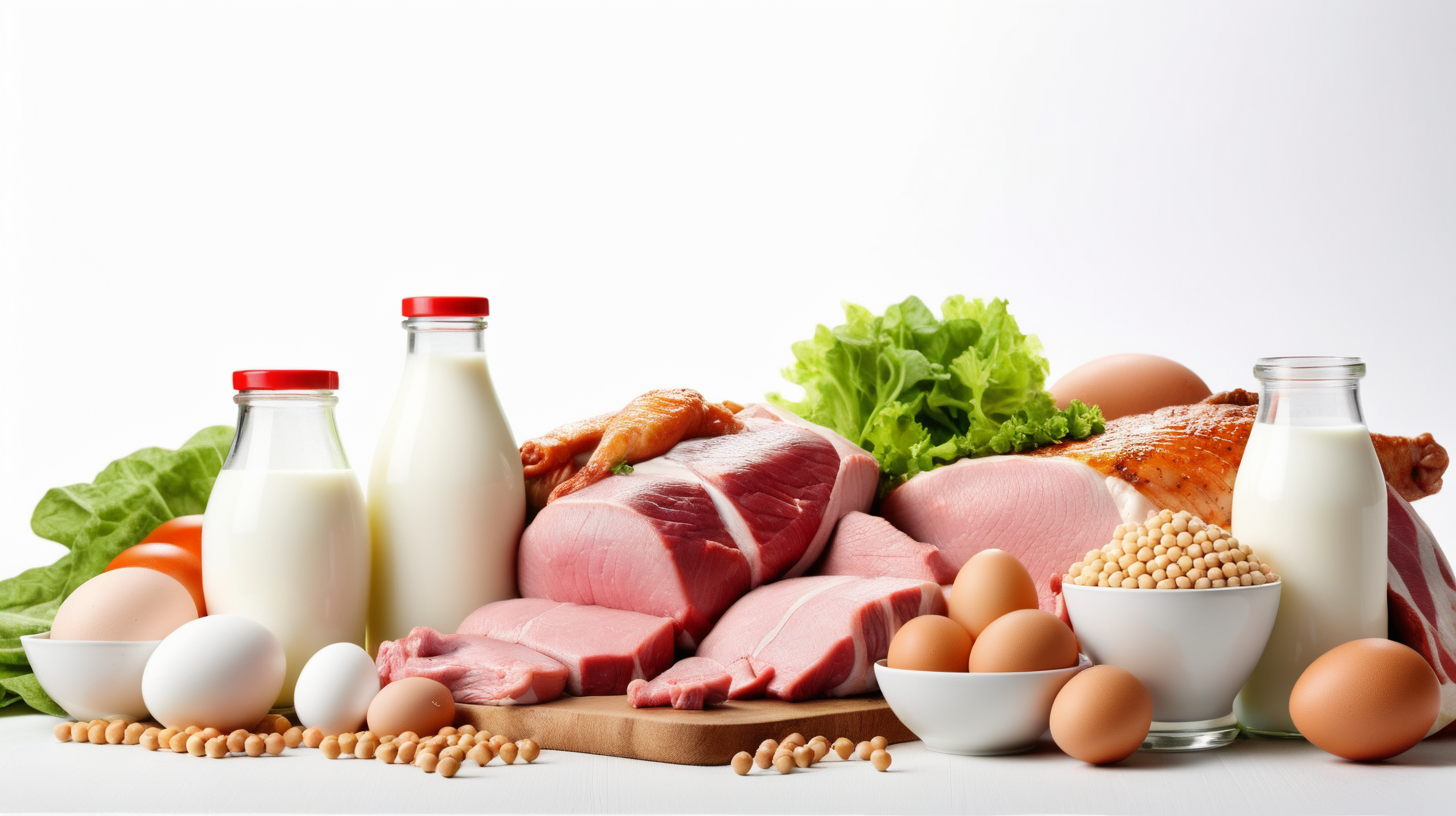 bottle milk, meat, fish, egg, chicken meat, soybean, vegetable, white background