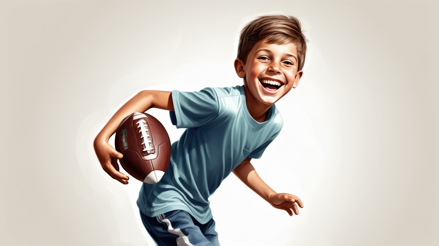 simple realistic illustration of  healthy 10 year old boy. catching a football and a smile on his face.