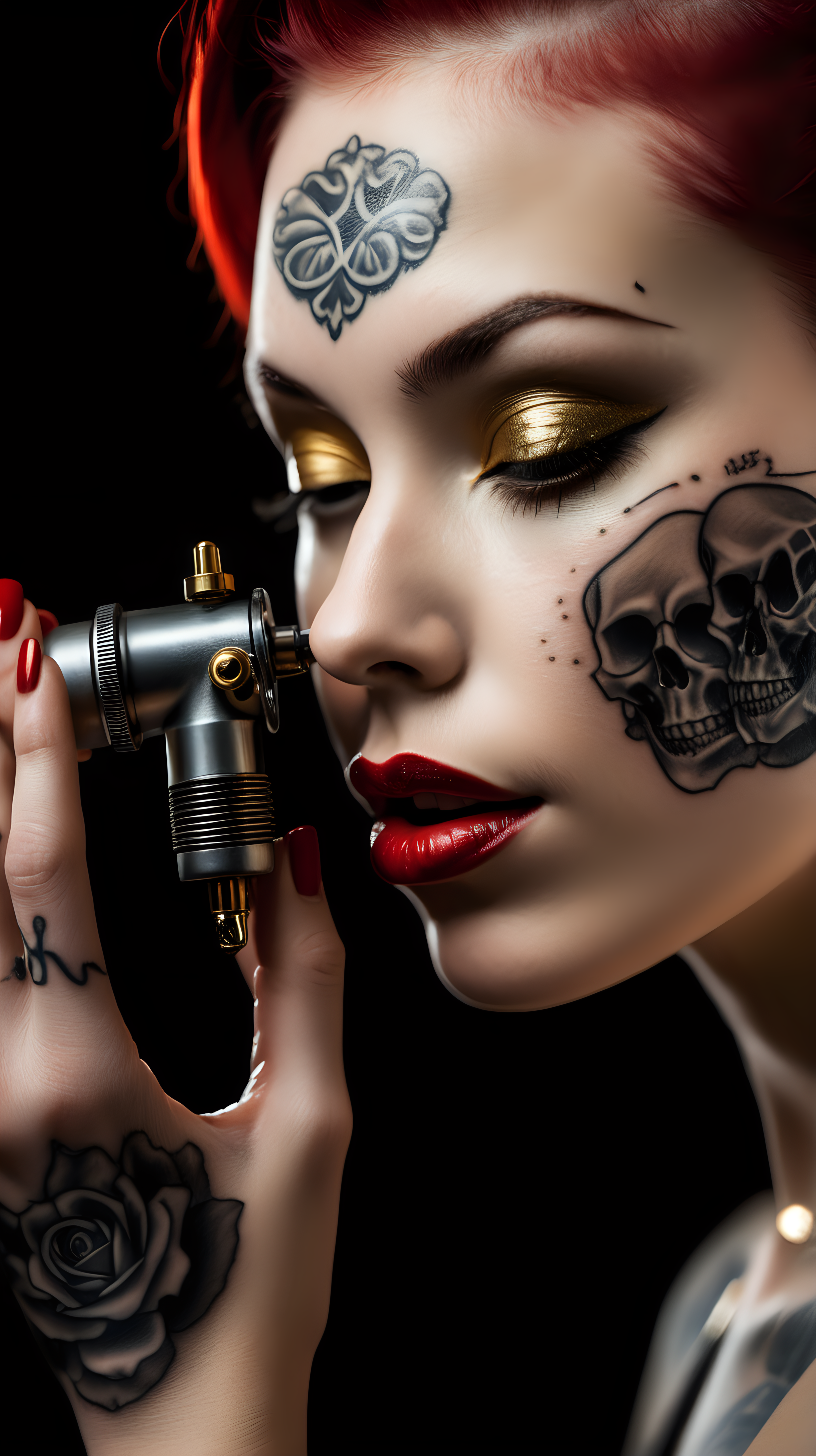 /imagine prompt : An ultra-realistic photograph captured with a canon 5d mark III camera, equipped with an macro lens at F 5.8 aperture setting, The camera is directly in front of the subject, capturing a vintage classic tattoo machine ,a pattern of the skull is engraved on it's golden tattoo grip , grabbed by a hand wearing black nitrile gloves . A beautiful woman whose only lips are visible in the picture is sensually kissing the handle of the tattoo machine with her lips painted with red lipstick.
the hand is blurred and the focus sets on tattoo machine .
Soft spot light gracefully illuminates the subject and golden grip is shining. The background is absolutely black , highlighting the subject.
The image, shot in high resolution and a 16:9 aspect ratio, captures the subject’s  with stunning realism –ar 9:16 –v 5.2 –style raw
