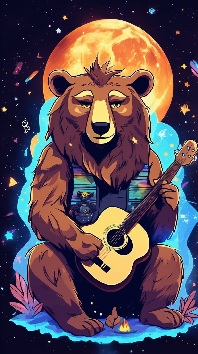 cosmic campfire playing music a bear a lion