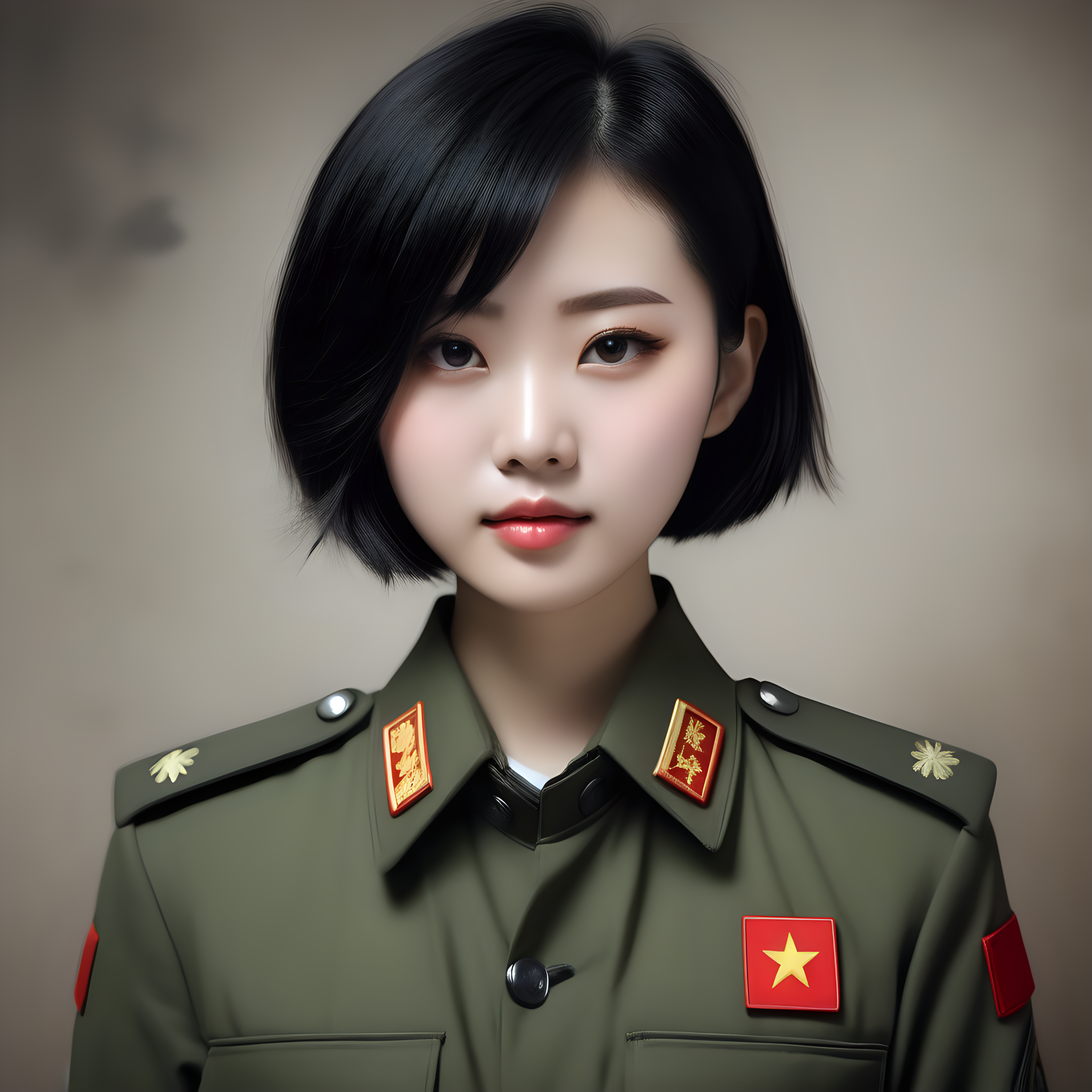 A Chinese female soldierBlack hairShort hairYoung personLarger breasts