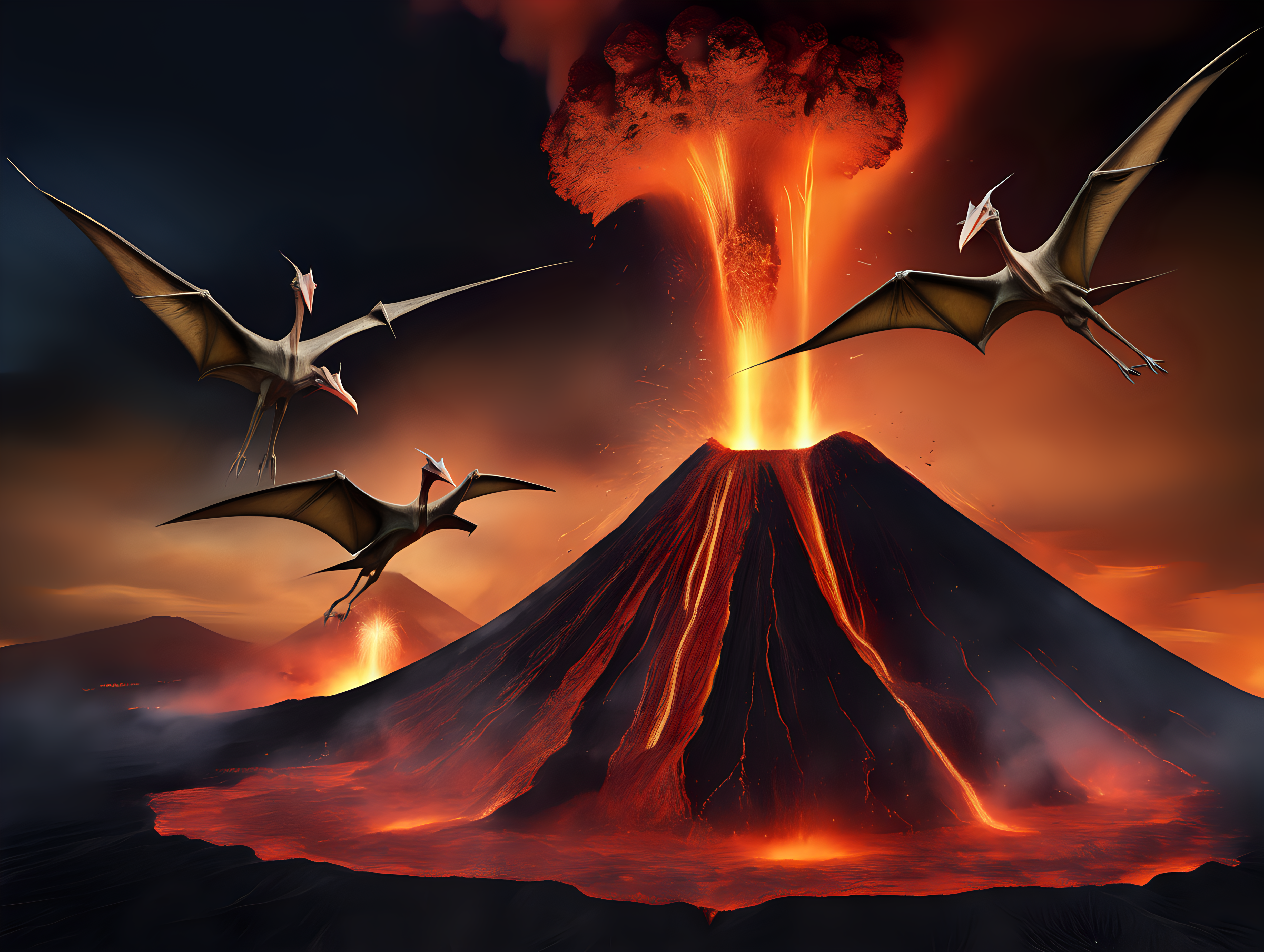 3 pterodactyls flying over an exploding volcano at