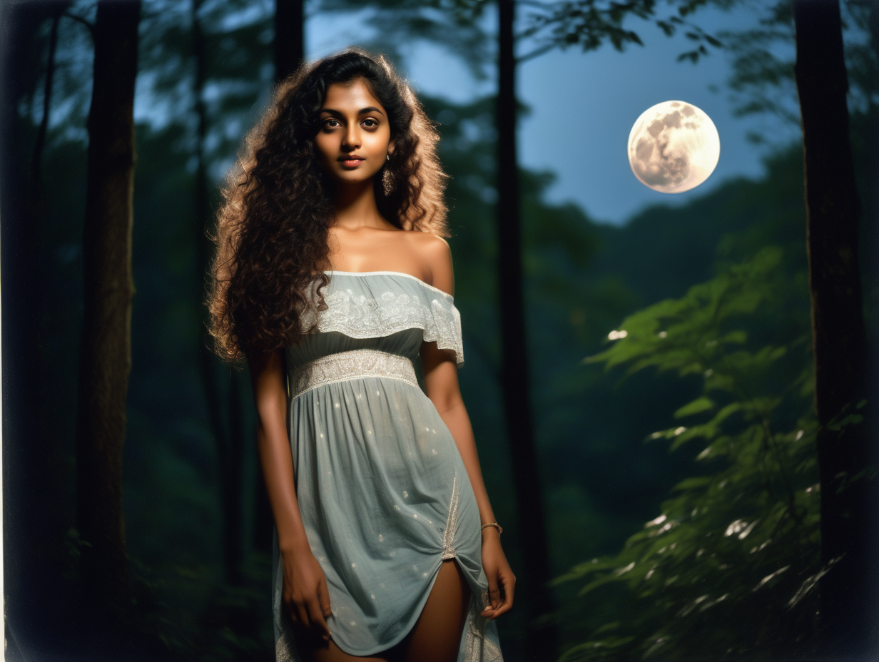 A beautiful slim Indian woman in her twenties with long curly hair , wearing a short off shoulder dress,  in a forest, dark with the big glowing moon above, delicate hands, detailed face, detailed skin, detailed hands, photorealistic, gravure, AV, pro photography, slide film, photo book, moon light, full body shot, soft body, window light, film grain, 35mm