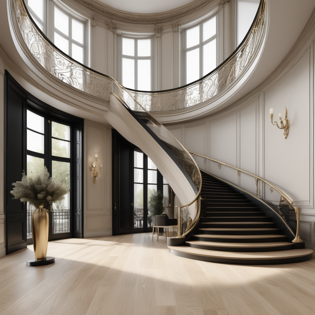 a hyperrealistic image of a grand modern Parisian entrance foyer with curved staircase; floor to ceiling windows; beige, oak, brass and black colour palette; Oak floor;