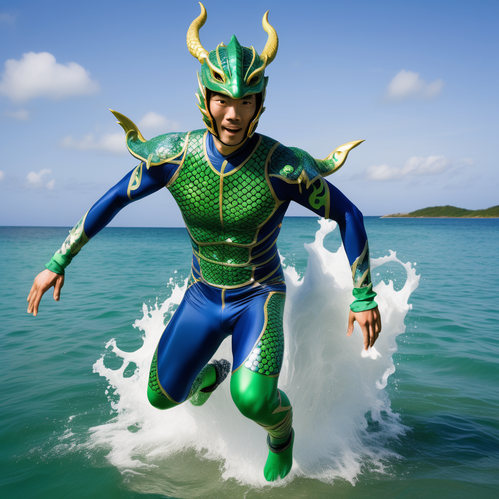 fit Japanese man, full body blue and green skintight suit, blue and green costume, Japanese dragon helmet, dragon themed pauldrons, webbed feet, webbed hadns, serious, running on water, jumping, sea, Okinawa, day