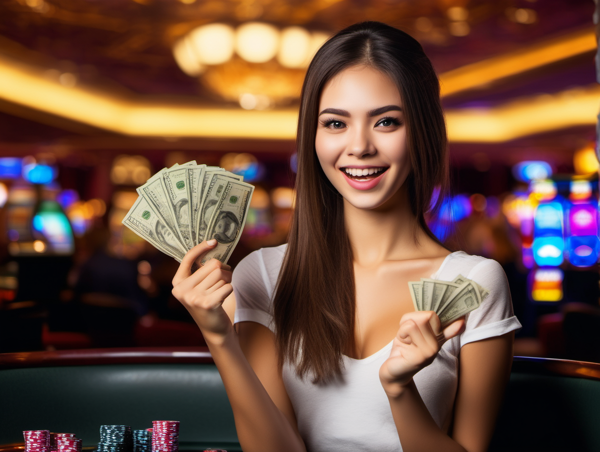 A USA girl with WAO expression, looking happy holding cash on her hand in casino club