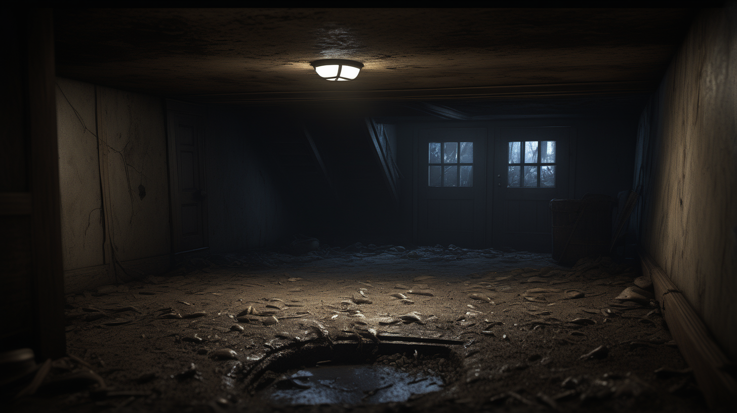 /imagine prompt: realistic, personality: [Illustrate a dark, ominous crawlspace underneath the house. The small entryway reveals a glimpse of dirt and cobwebs, with a sense of mystery and unknown lingering in the air. The camera angle adds to the unease by capturing the claustrophobic nature of the space] unreal engine, hyper real --q 2 --v 5.2 --ar 16:9