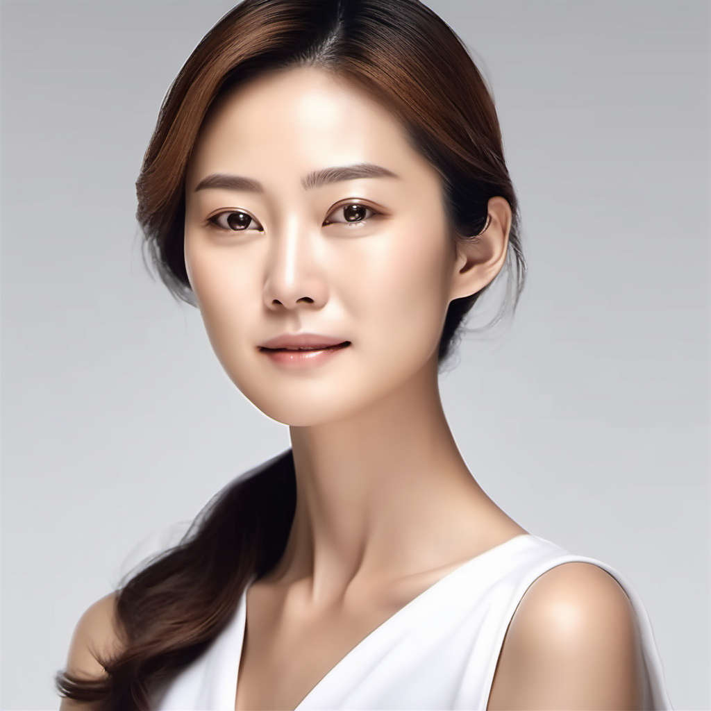 18 years A Japanese lady has flawless skin for a skincare commercial advertisement, with ultra-realistic skin details with a white background, the lady is showing shoulder