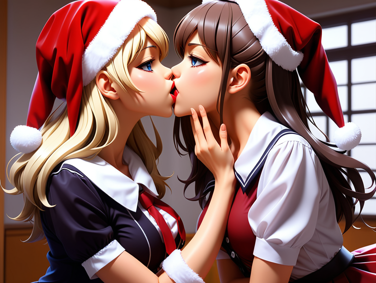 Santa claus besando a mujer sexi y provocativa vestida de colegiala.anime