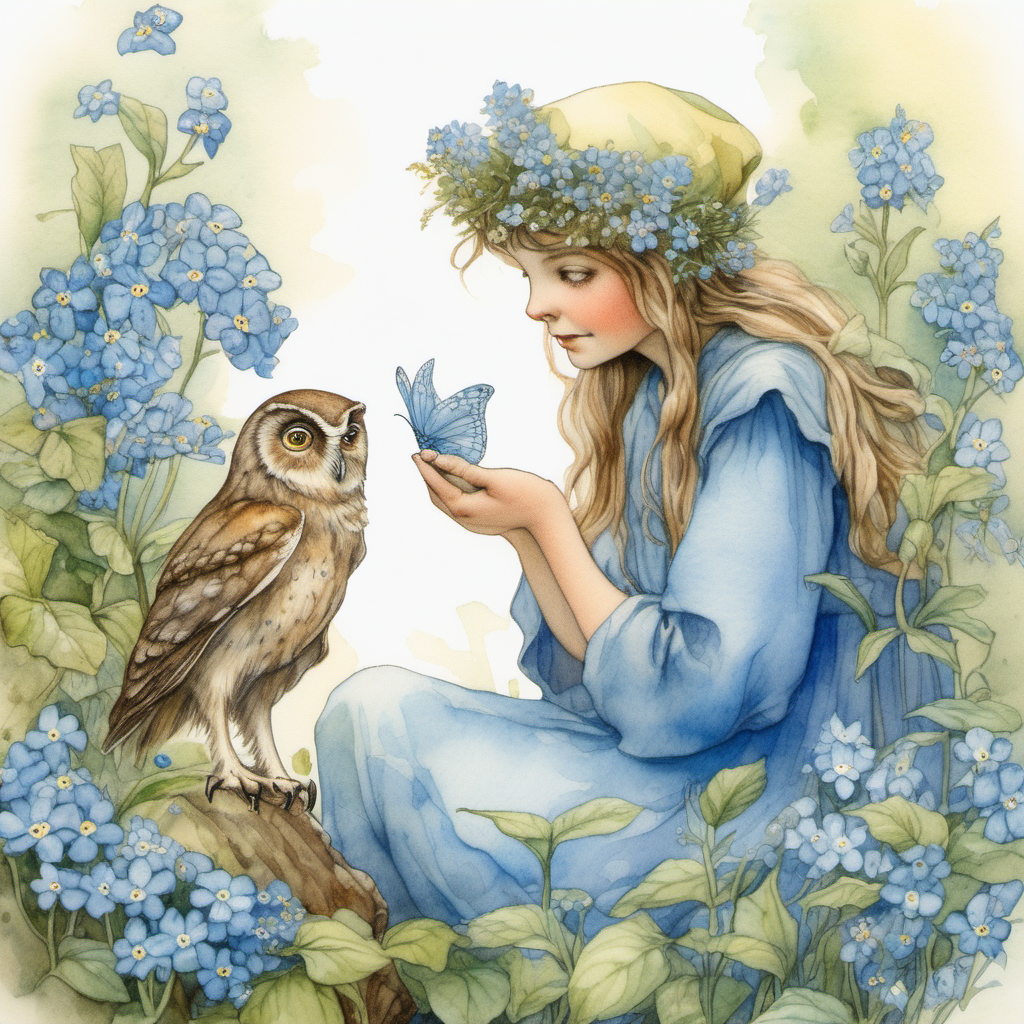 a watercolor forget-me-not flower fairy in the style of Cicely Mary Barker talking to a wise old owl.  They are both surrounded by forget-me-nots and greenery. The wise old owl looks very serene and full of wisdom.