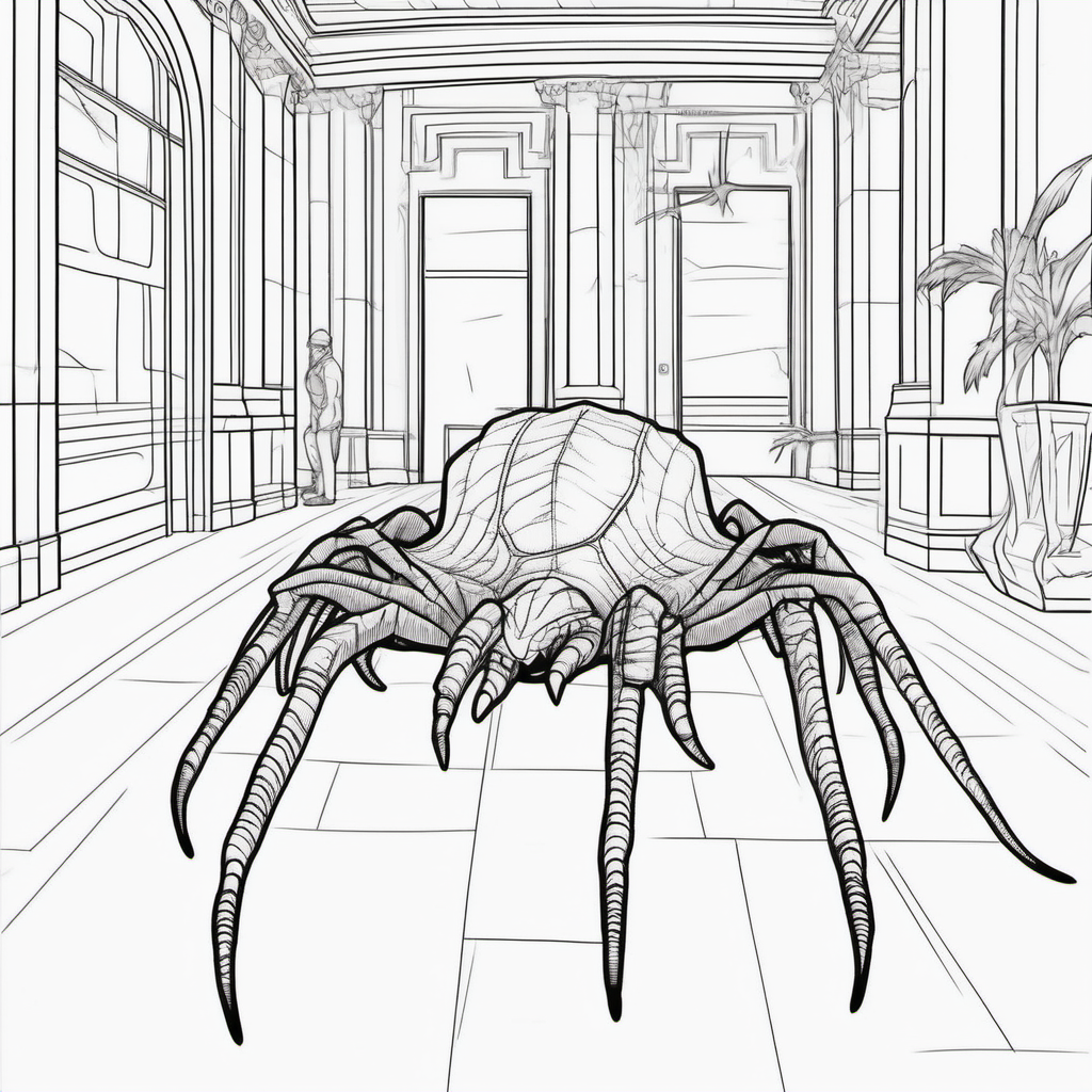 A dinosaur spider, in the building lobby, coloring book pages