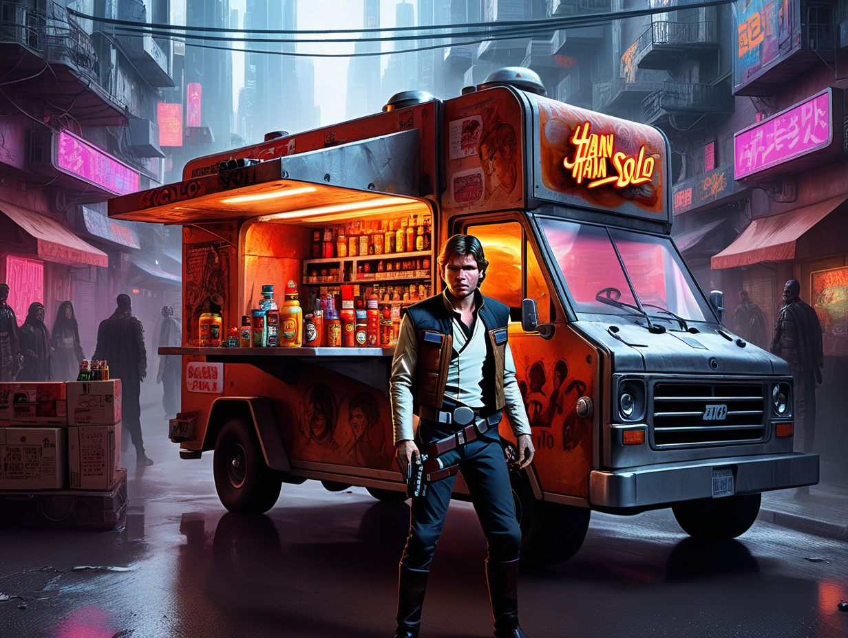 han solo with hot sauce truck in cyberpunk street
